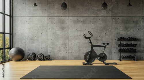 Modern gym interior with stationary bike (1)