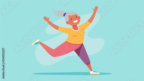 An energetic 70yearold swinging her arms and shaking her hips along with the rest of the group in a Silver Generation aerobics session.. Vector illustration