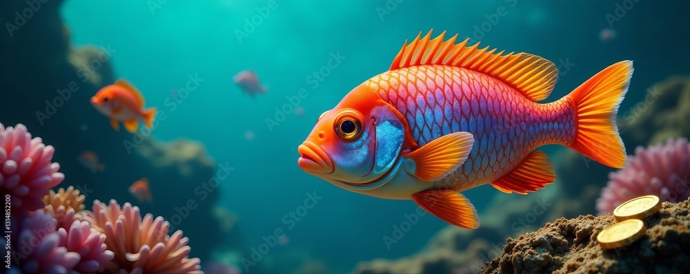 Fototapeta premium Colorful fish with shiny scales and golden coins swimming in ocean, finance, currency, wealth