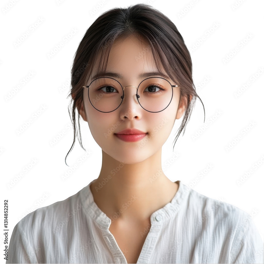 Young Woman with Glasses Smiling Softly in Natural Light Portrait Young Woman with Glasses Smiling Softly in Natural Light Portrait