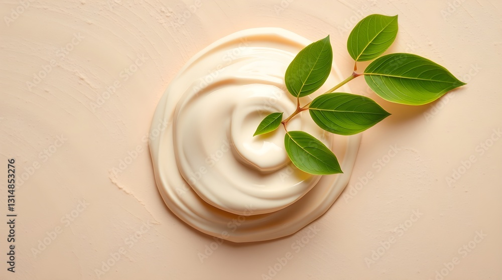 a light beige facial cream with green leaf, space for copy a light beige facial cream with green leaf, space for copy