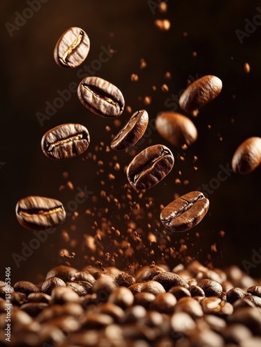 Elegant Coffee Beans in Mid Air with Dark Background and Shallow Depth of Field for Stock Photography