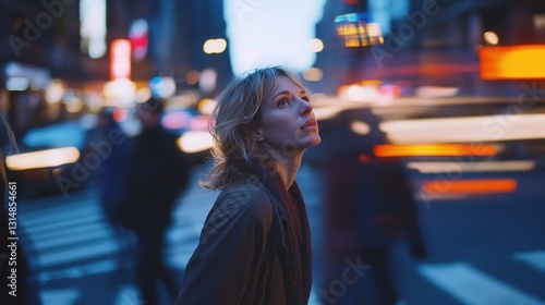 Fototapeta Naklejka Na Ścianę i Meble -  A woman stands in place at a busy intersection with her head up. People are walking by. The photo was taken with a shutter speed, the woman is in focus, the people around are blurred. Still shot films