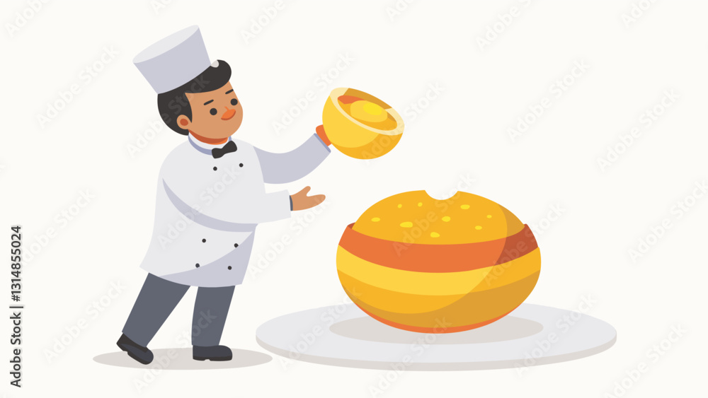 With expert precision the chef shapes the mofongo into a perfect ball and places it on a white plate ready for plating and serving.. Vector illustration