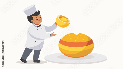 With expert precision the chef shapes the mofongo into a perfect ball and places it on a white plate ready for plating and serving.. Vector illustration