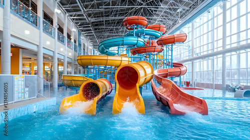 Bright Colorful Indoor Water Park With Curved Orange And Yellow Slides And Splashing Water