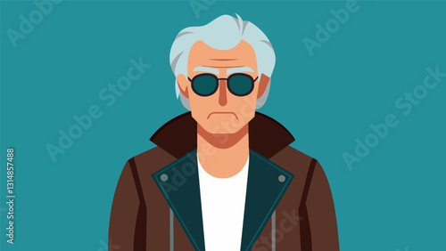 An older man clad in a leather jacket and distressed jeans adds a touch of edginess to his ensemble with a pair of aviator sunglasses.. Vector illustration