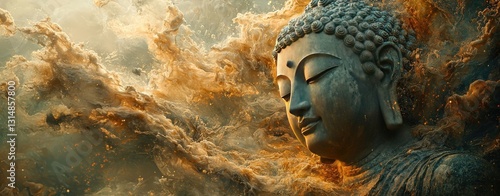 Serene Buddha Amidst Golden Clouds A Digital Art Masterpiece