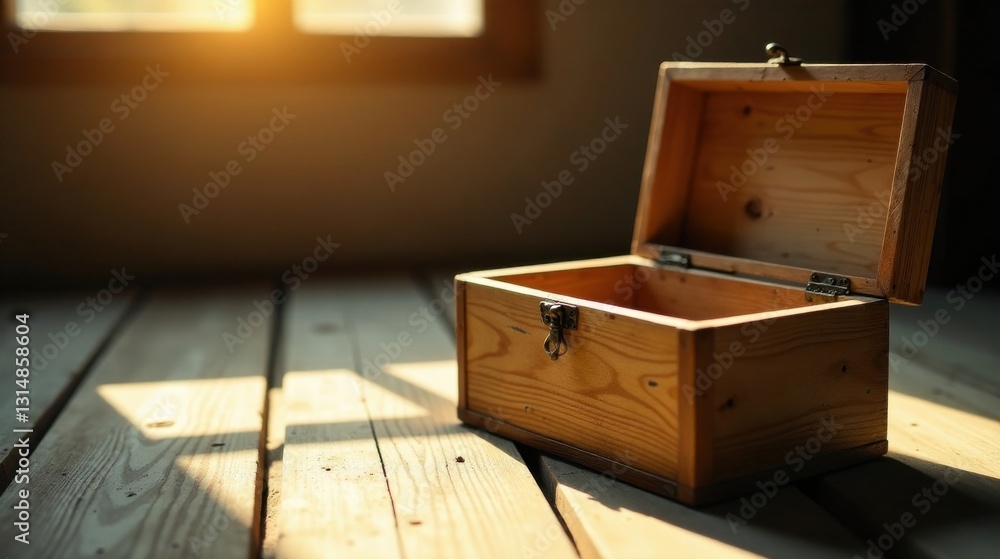 Fototapeta premium A sunlit wooden chest sits open on a rustic wooden floor, inviting exploration and the promise of hidden treasures
