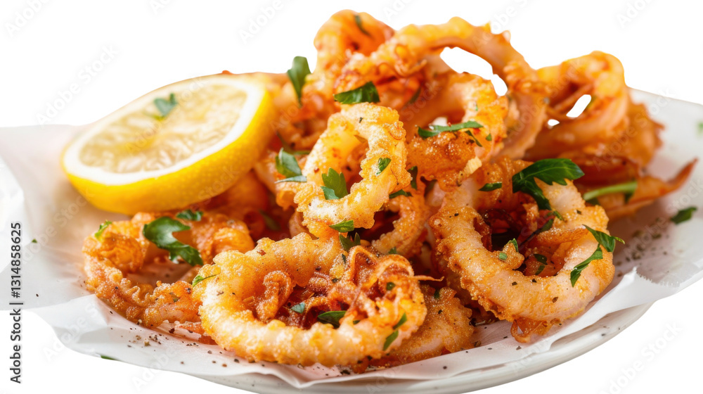 Fried calamari rings decorated with parsley and lemon slice on transparent background Fried calamari rings decorated with parsley and lemon slice on transparent background