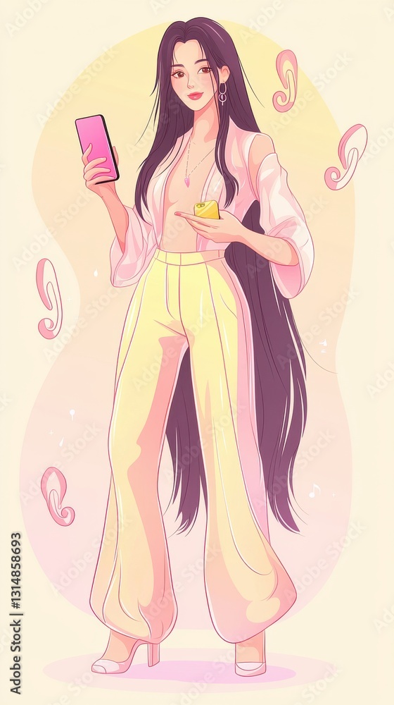 Stylized illustration of a confident woman with purple hair, yellow pants, and a smartphone in hand Stylized illustration of a confident woman with purple hair, yellow pants, and a smartphone in hand