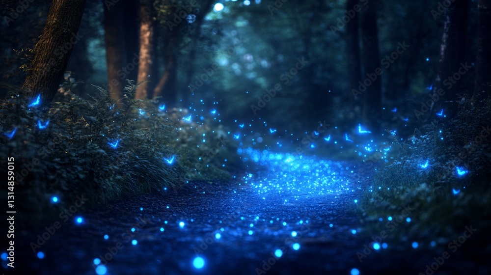 Naklejka premium A serene forest trail shimmers with vibrant blue lights emanating from countless butterflies. The atmosphere is mystical and tranquil as twilight embraces the surroundings