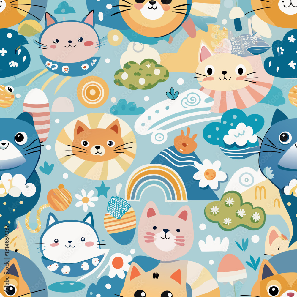 Whimsical Feline Fantasia: A captivating illustration of playful cats amongst cheerful rainbows, puffy clouds, and celestial elements, creating a vibrant and imaginative design. Whimsical Feline Fantasia: A captivating illustration of playful cats amongst cheerful rainbows, puffy clouds, and celestial elements, creating a vibrant and imaginative design.