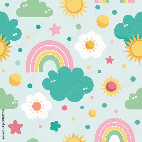 Dreamy Skies: An enchanting pastel-colored pattern, featuring a rainbow, sun, cloud, and floral motifs, evoking a sense of whimsical charm and innocence.