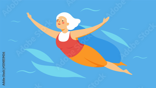 A senior woman floating peacefully on her back practicing deep breathing exercises while surrounded by the tranquility of the water during her aqua aerobics session.. Vector illustration