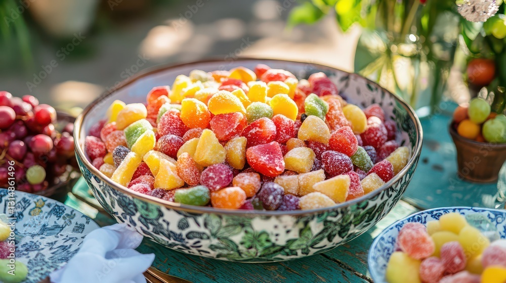 Naklejka premium A delicious fruit salad mixed with candy-coated sweets on a vibrant outdoor table, perfect for a summer gathering.