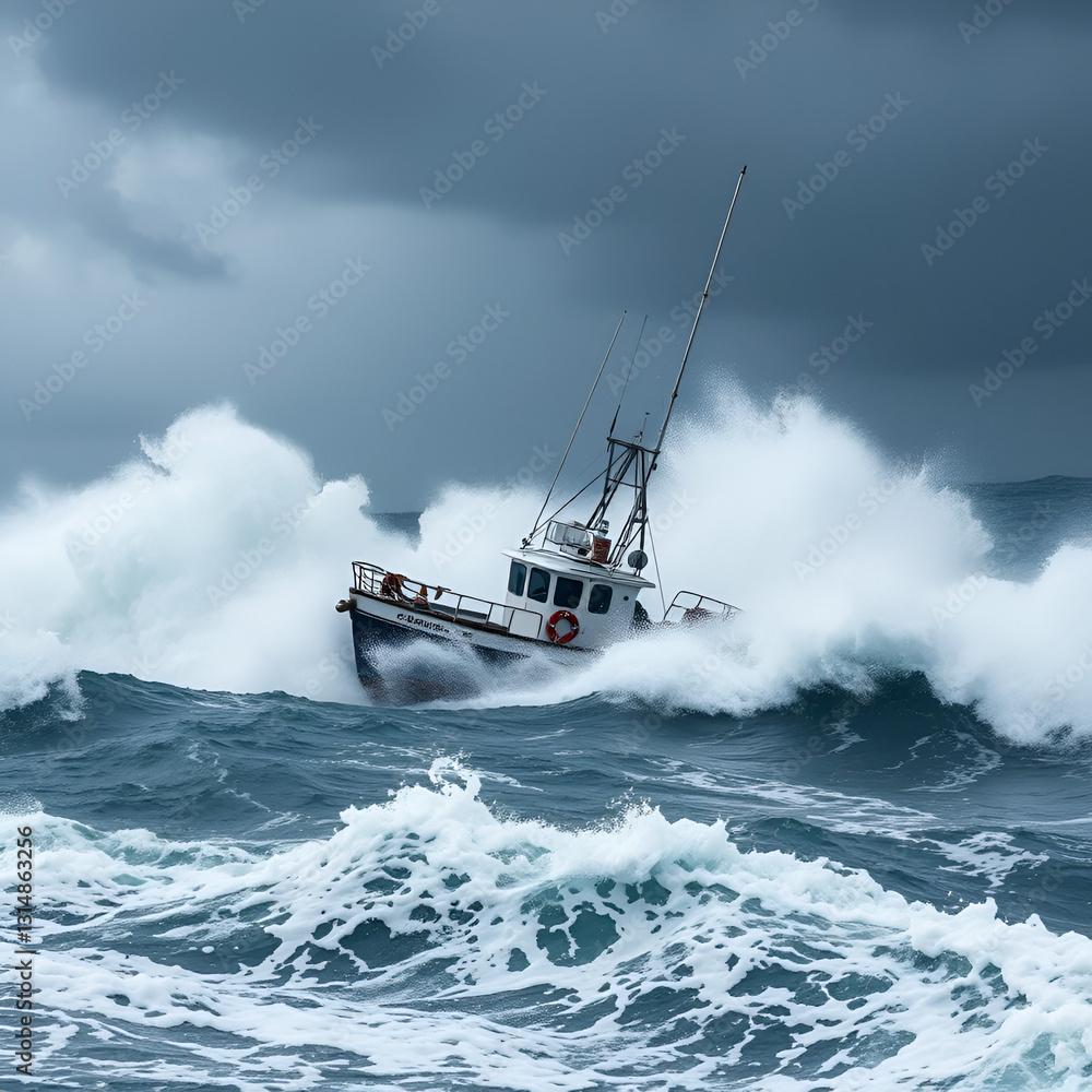 Naklejka premium A small fishing boat battles powerful waves in the midst of a raging storm, with dark clouds and heavy rain all around.