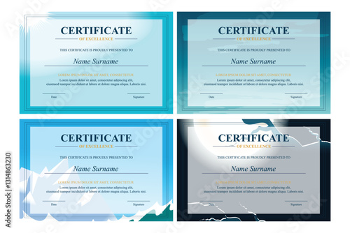 Four Achievement Certificates; Blue Designs; Landscape Backgrounds; Award Presentation