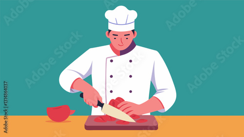With precise knife skills the cook effortlessly slices the beef into thin bitesized pieces for the stirfry.. Vector illustration