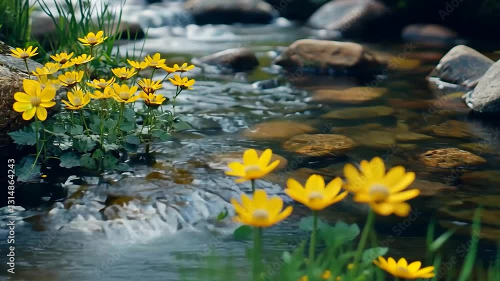 Serene Streamside Blossoms: A Springtime River Scene Serene Streamside Blossoms: A Springtime River Scene