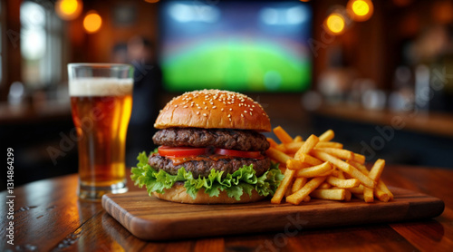 A mouthwatering cheeseburger with a side of fries waits to be enjoyed. The golden beer complements the meal perfectly. The pub's relaxed setting invites guests to unwind.