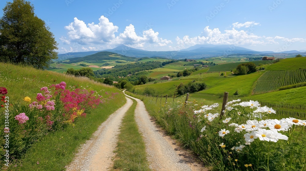 Fototapeta premium Serene pathway through vibrant flowers leads to rolling hills under a bright blue sky. Generative AI