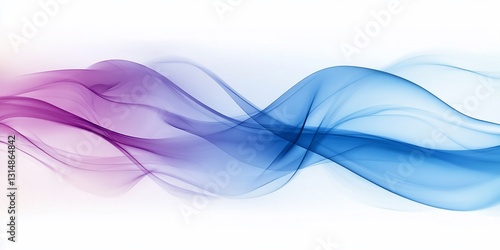 Abstract flowing waves of purple and blue smoke on white background