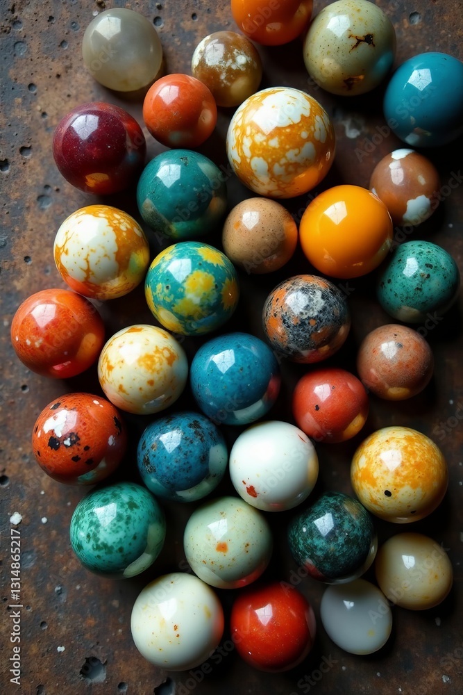 An overhead view of a stack of old marbles with various colors and patterns on a rustic surface, marbles, colorful An overhead view of a stack of old marbles with various colors and patterns on a rustic surface, marbles, colorful