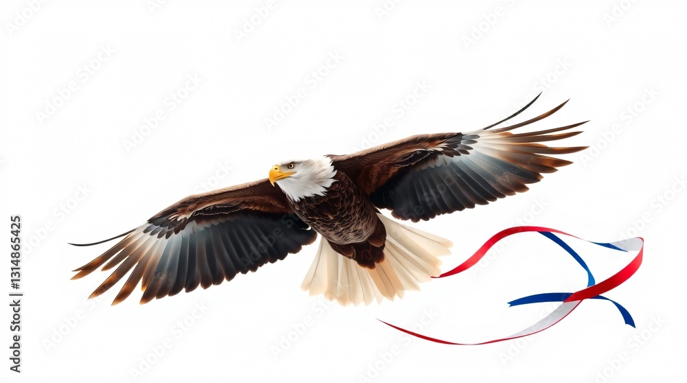 Fototapeta premium majestic bald eagle, refined features, soars gracefully against a bright white background.