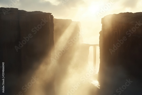 Sunlight streaming misty canyon cliffs at dawn