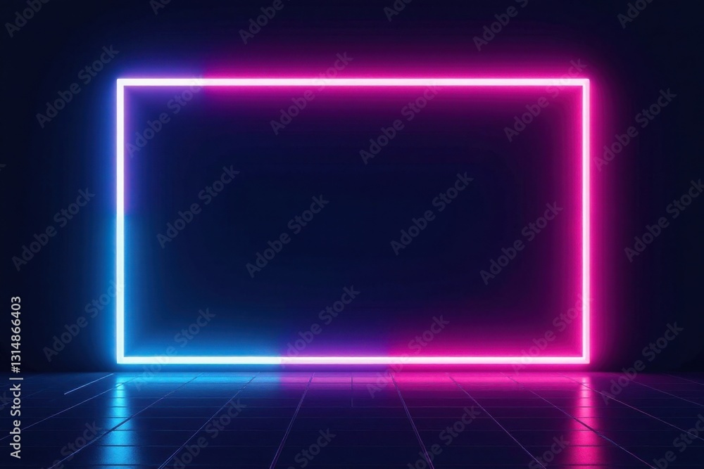 Vibrant Neon Frame Glowing on Dark Reflective Floor, Perfect for Modern Designs and Futuristic Projects Vibrant Neon Frame Glowing on Dark Reflective Floor, Perfect for Modern Designs and Futuristic Projects