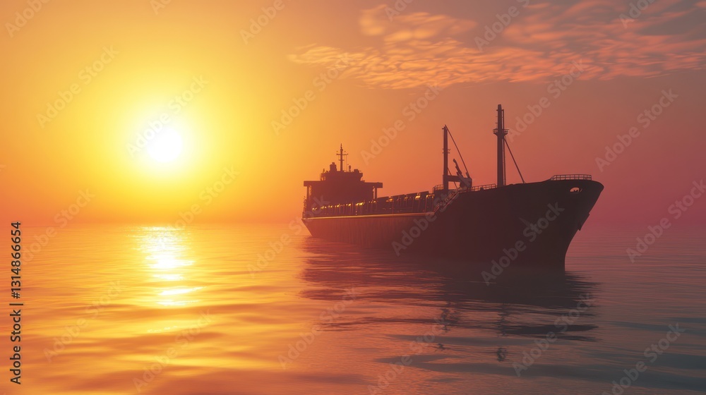 Obraz premium Cargo ship at sunset on calm sea