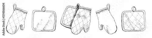 Hand draw oven mitt in sketch style. Kitchen accessories vector illustration.