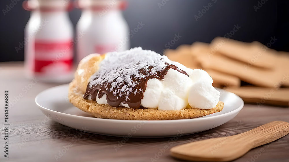 A delicious dessert with cream and chocolate on a plate A delicious dessert with cream and chocolate on a plate