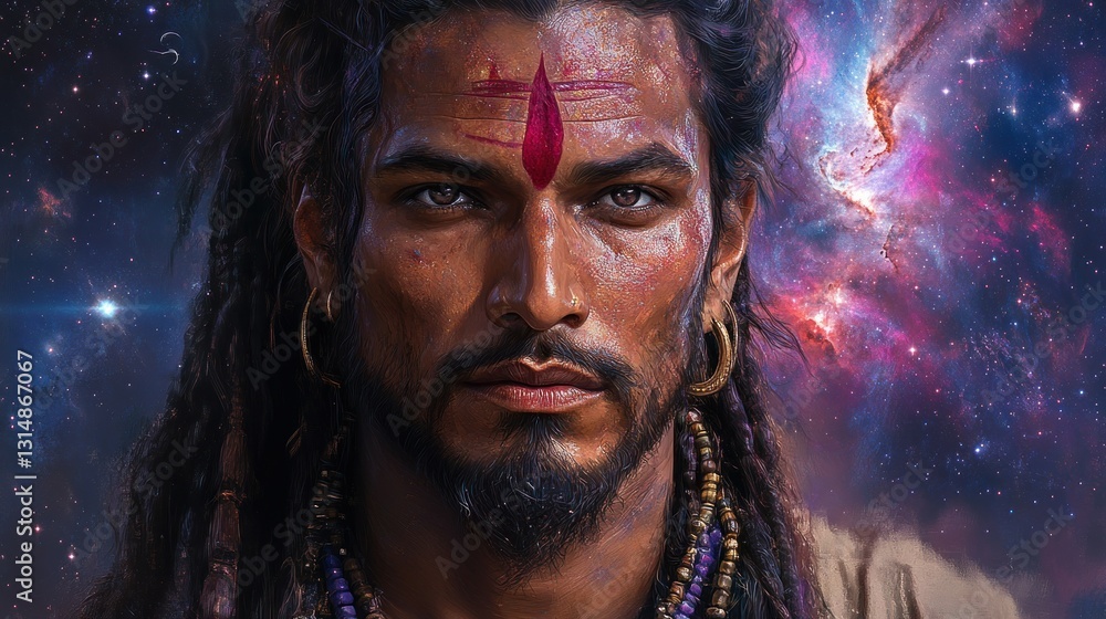 Cosmic warrior's intense gaze Cosmic warrior's intense gaze