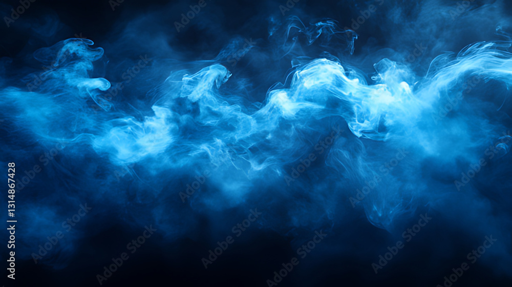 Blue smoke swirls, dark background, studio shot, design element Blue smoke swirls, dark background, studio shot, design element