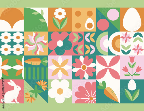 Wielkanocny zielony baner z mozaiką z świątecznymi symbolami. Wiosenny geometryczny wzór z królikiem, jajkami i kwiatami.