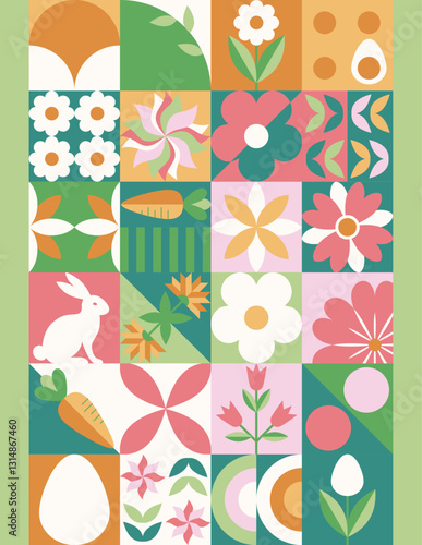 Wielkanocny zielony baner z mozaiką z świątecznymi symbolami. Wiosenny geometryczny wzór z królikiem, jajkami i kwiatami.