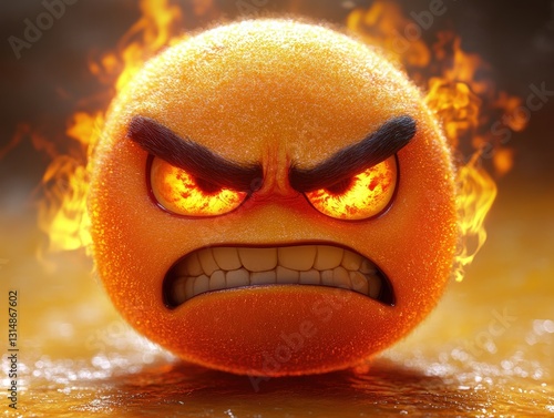 An angry emoji with fiery eyes, yellow background, bold shadows cast.