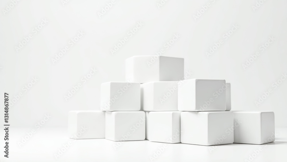 Minimalist White Cubes Arranged in Geometric Structure on Clean White Background Minimalist White Cubes Arranged in Geometric Structure on Clean White Background