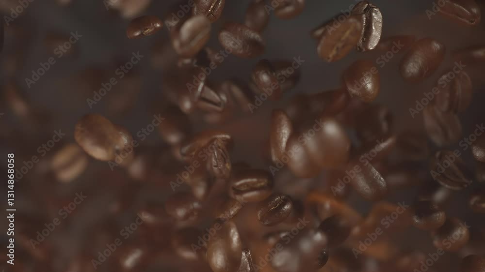 Super slow motion shot of falling roasted coffee beans with smoke in macro. Roasting hot flying coffee with fire. Burning whole coffee explosion close up vertical video Super slow motion shot of falling roasted coffee beans with smoke in macro. Roasting hot flying coffee with fire. Burning whole coffee explosion close up vertical video