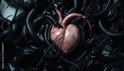 Ultra detailed hghly realistic photo of a anatomically correct human heart surrounded by entangled black snakes