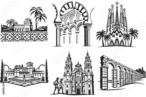 Iconic Spanish landmarks in black and white sketch style