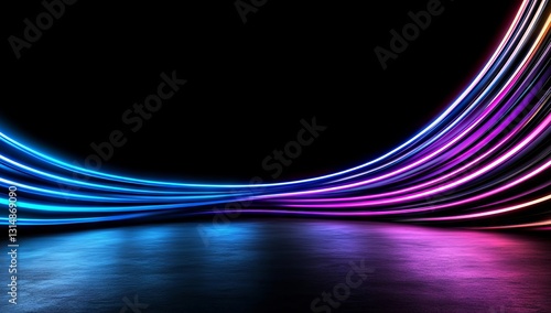 A dark room with a black background and colorful lights