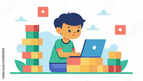 With a stack of code blocks beside him a child works tirelessly to solve a coding puzzle and move on to the next level.. Vector illustration