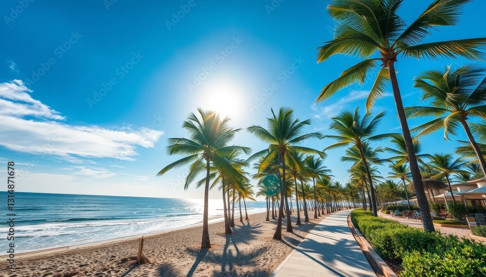 Serene Coastal Promenade with Lush Palm Trees and Ocean Breeze on Sunny Day Serene Coastal Promenade with Lush Palm Trees and Ocean Breeze on Sunny Day