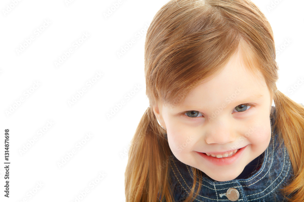 Portrait, smile and mockup with girl in studio for child development, youth and space. Happiness, kindergartener and preschool with young kid on white background for cute, playful and creative Portrait, smile and mockup with girl in studio for child development, youth and space. Happiness, kindergartener and preschool with young kid on white background for cute, playful and creative