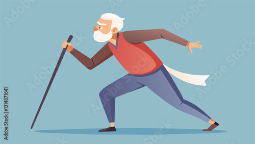 An older man demonstrating how to properly use a walking stick for selfdefense emphasizing the power of experience and knowledge over brute strength.. Vector illustration