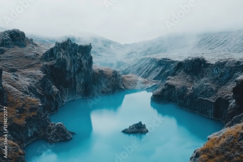 Mystical blue lagoon nestled dramatic rocky cliffs misty skies