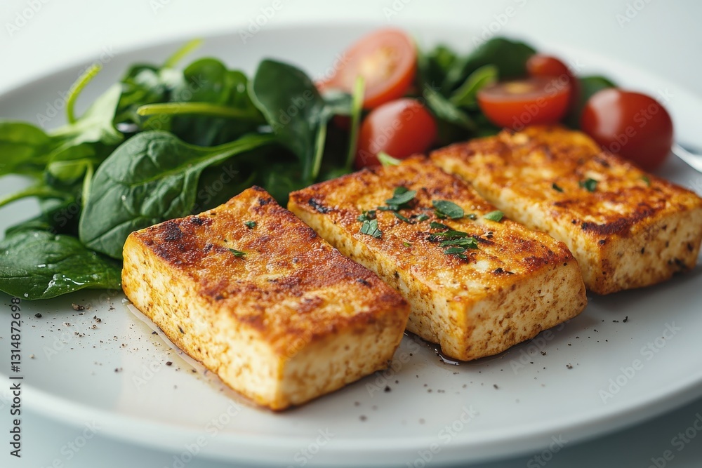Delicious Grilled Tofu with Fresh Spinach and Cherry Tomatoes on White Plate Delicious Grilled Tofu with Fresh Spinach and Cherry Tomatoes on White Plate